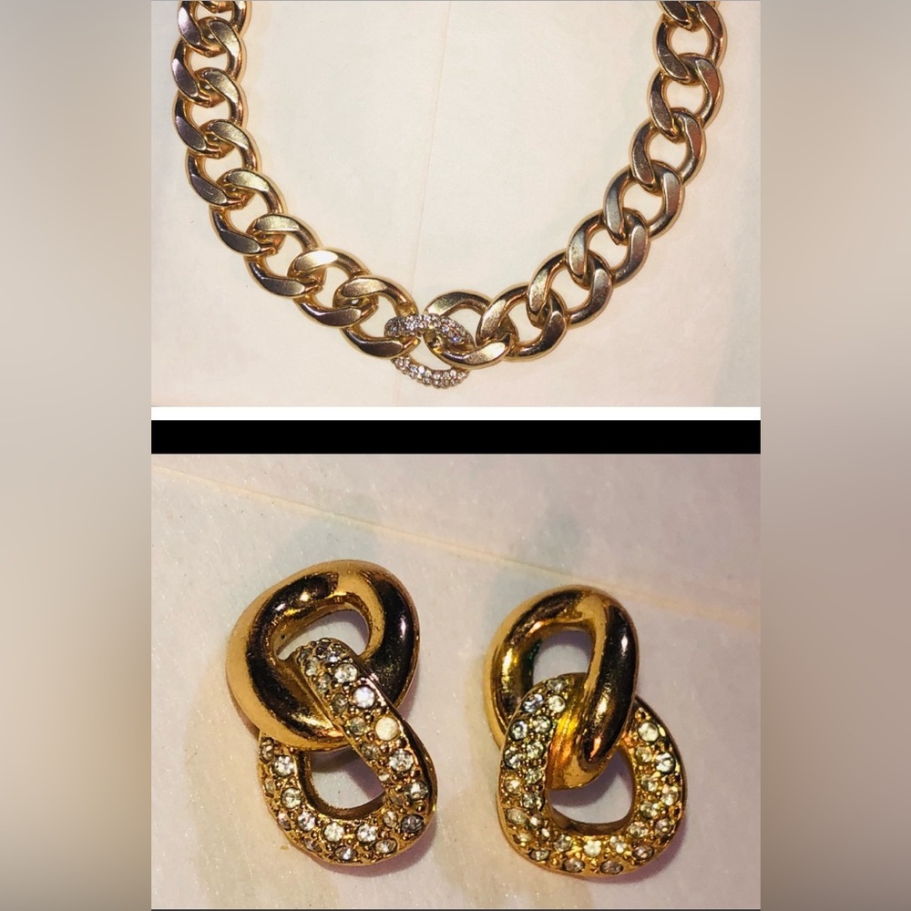 Gold Large Cuban Curb Link Chain Necklace Drop Earrings Rhinestone 15-18” Boho
